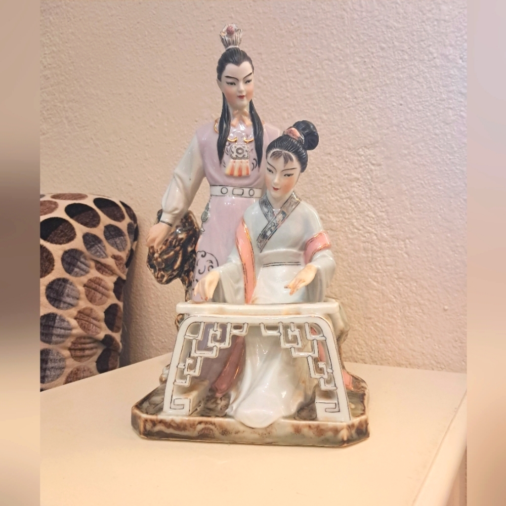 Rare Vintage Chinese Hand Painted Lovers Porcelain Statue of Emperial Man Woman